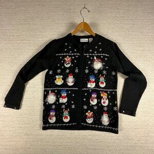 B.P. Design Womens Small Black Snowman Ugly Christmas Cardigan Sweater Party
